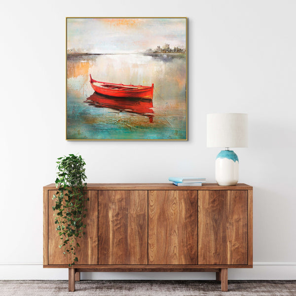 Boat Art - Handmade Abstract Lake Scene, Textured Canvas Painting for Modern Living Space or Office Wall Decor by Sona Casa