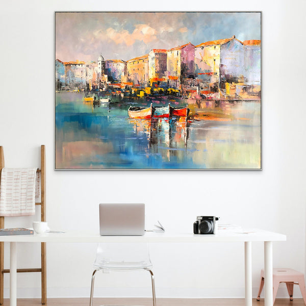 Portofino Italy Oil Painting on Canvas - Vivid Italian Landscape Wall Art for Home Decor, Original Portofino Marina Scene by Sona Casa