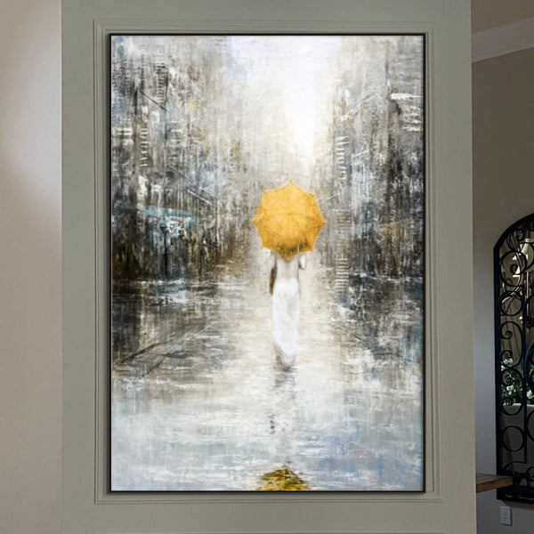 Lost in the City, Large Painting of Girl in Rain, Abstract Painting, Original Art, Oil Painting for Living Room, Oversized Wall Art, Yellow by Sona Casa