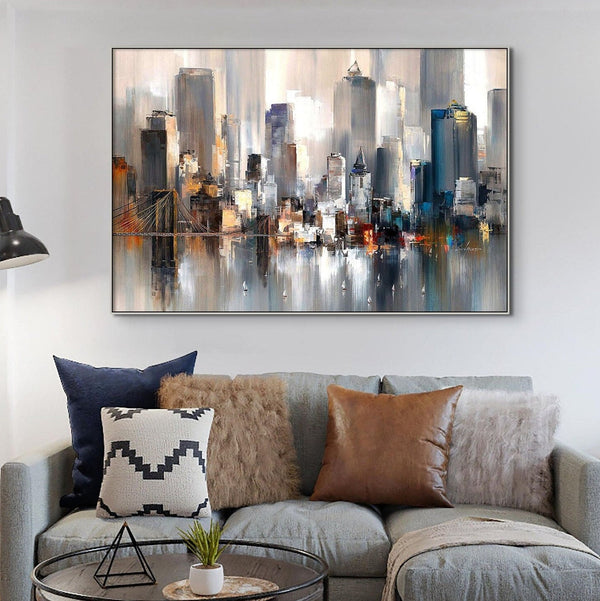 Manhattan Cityscape Canvas Art - New York City Handmade Painting, Large Wall Decor for Bedroom, Unique Housewarming Gift by Sona Casa