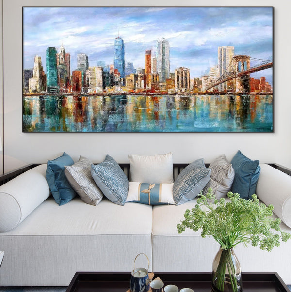 Abstract City Painting, Vibrant Manhattan Wall Art, Textured Skyline Canvas, Unique Housewarming Gift, Framed Wall Art America by Sona Casa