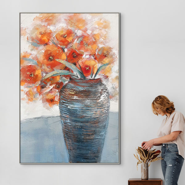 Large Abstract Floral Painting, Vibrant Orange Flowers in Vase, Minimalist Canvas Wall Art, Thoughtful Housewarming Gift by Sona Casa