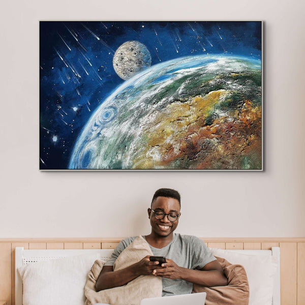 Earth and Moon Painting - Extra Large Textured Canvas Art, Hand-Painted Impasto Space Artwork for Modern Home Decor, Unique Astronomy Gift by Sona Casa