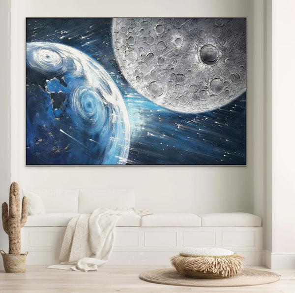 Earth and Moon Painting - Large Textured Canvas Wall Art, Celestial Space Decor for Home and Office, Unique Astronomy Gift by Sona Casa