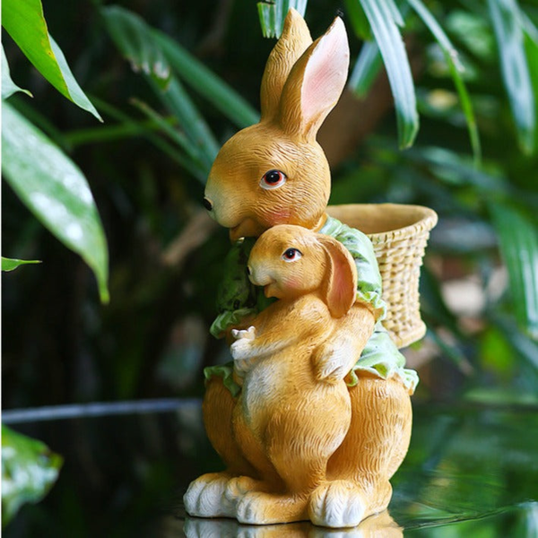 Bunny Family Statue, 15" Outdoor Garden Sculpture, Lawn Patio Decor by Sona Casa