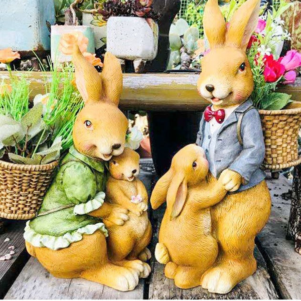 Bunny Family Statue, 15" Outdoor Garden Sculpture, Lawn Patio Decor by Sona Casa