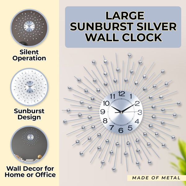 Large Sunrays Metal Wall Clock, 60 cm, Silver by Accent Collection Home Decor