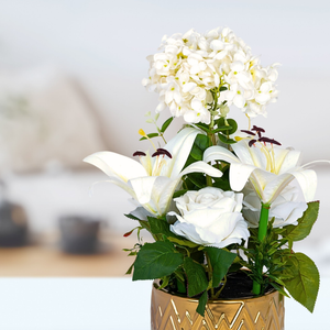 Elegant Golden Ceramic Planter With Realistic White Lilies & Roses - Perfect For Tabletop & Shelf Decor by Accent Collection