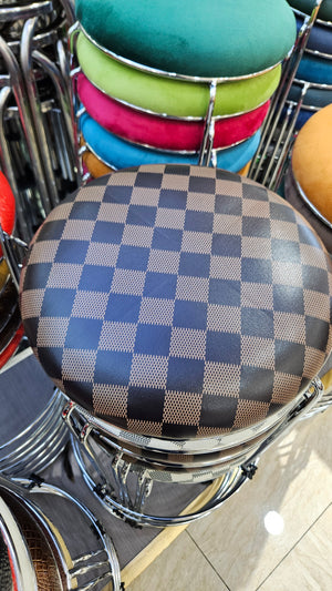 Petite Lightweight Brown Black Pattern Stool with Silver Frame, Fabric Seat Compact Living Room Accent Home Decor by Sona Casa