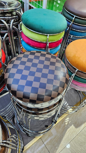 Petite Lightweight Brown Black Pattern Stool with Silver Frame, Fabric Seat Compact Living Room Accent Home Decor by Sona Casa