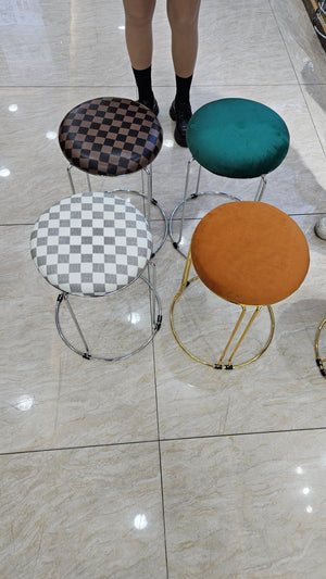 Petite Lightweight Brown Black Pattern Stool with Silver Frame, Fabric Seat Compact Living Room Accent Home Decor by Sona Casa