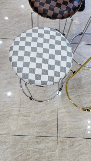 Petite Lightweight White Gray Pattern Stool with Silver Frame, Fabric Seat Compact Living Room Accent Home Decor by Sona Casa