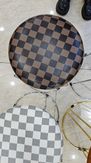 Petite Lightweight Brown Black Pattern Stool with Silver Frame, Fabric Seat Compact Living Room Accent Home Decor by Sona Casa