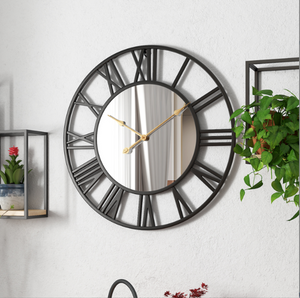 Large black wall clock with mirror, silent clock, roman clock, heavy metal clock for living room or office by Accent Collection