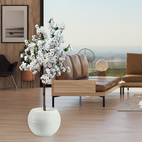 Large Artificial Tree, 55" White Sichuan Cherry Blossom, Nearly Natural Fake Plant, Indoor Outdoor Decor for Garden, Patio, Front Porch