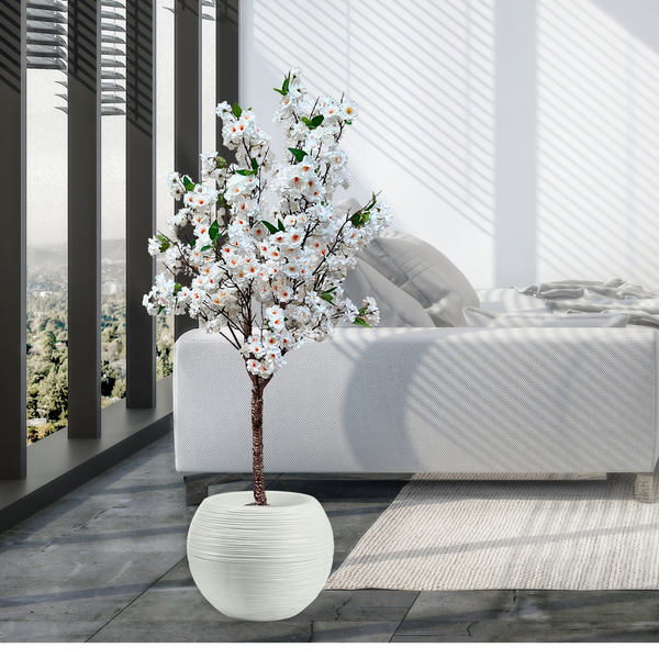 Large Artificial Tree, 55" White Sichuan Cherry Blossom, Nearly Natural Fake Plant, Indoor Outdoor Decor for Garden, Patio, Front Porch