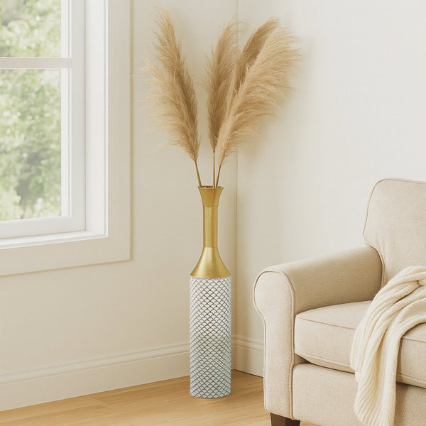 Modern Tall Floor Vase, Handmade Indoor Decor Metal 41" Gold Beige White