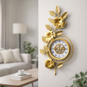 Large Gold Metal Wall Clock, Floral Botanical Silent Clock, 42 inch Vertical Horizontal Orientation-Sona Casa