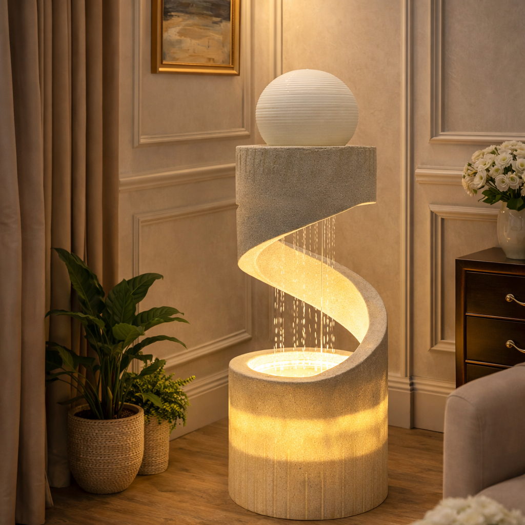 Tall Modern Spiral Floor Water Fountain with LED Lights & Orb, 112cm Home or Office Decor by Sona Casa