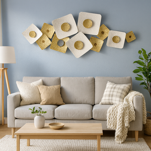 Large White and Gold Metal Wall Sculpture, Modern Geometric Horizontal Wall Art, 126×53 cm Home Office Decor-Sona Casa