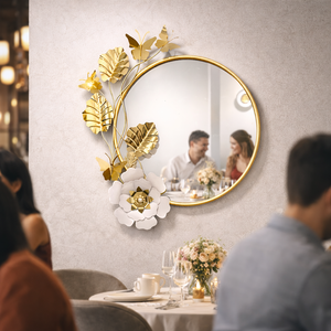 Round Gold Metal Floral Wall Mirror, Mountable Decorative Mirrors for Bedroom, Entryway, Living Room, Bathroom, Vanity by Sona Casa