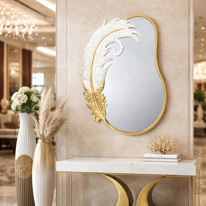 Decorative Metal Wall Mirror, Gold with White Feather, Glitter, 89 cm Asymmetrical Mirror Home Office Girl's Room Decor Gift by Sona Casa