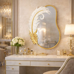 Decorative Metal Wall Mirror, Gold with White Feather, Glitter, 89 cm Asymmetrical Mirror Home Office Girl's Room Decor Gift by Sona Casa