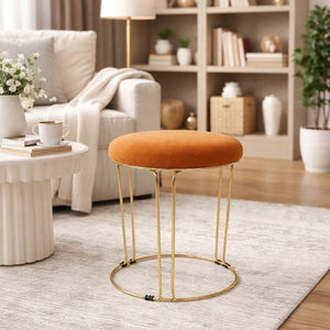 Petite Lightweight Brown Stool with Gold Frame, Fabric Seat Compact Living Room Accent Home Decor by Sona Casa