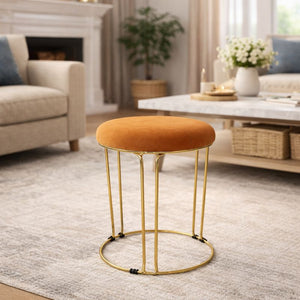 Petite Lightweight Brown Stool with Gold Frame, Fabric Seat Compact Living Room Accent Home Decor by Sona Casa