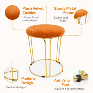 Petite Lightweight Brown Stool with Gold Frame, Fabric Seat Compact Living Room Accent Home Decor by Sona Casa