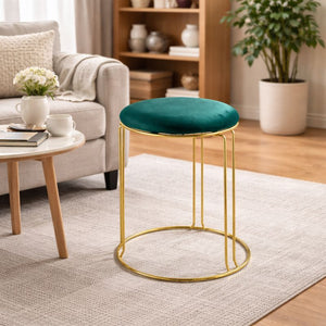 Petite Lightweight Green Stool with Gold Frame, Fabric Seat Compact Living Room Accent Home Decor by Sona Casa