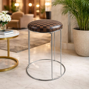 Petite Lightweight Brown Black Pattern Stool with Silver Frame, Fabric Seat Compact Living Room Accent Home Decor by Sona Casa