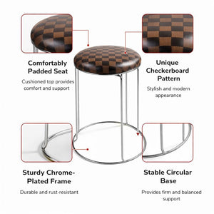 Petite Lightweight Brown Black Pattern Stool with Silver Frame, Fabric Seat Compact Living Room Accent Home Decor by Sona Casa