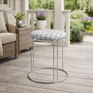 Petite Lightweight White Gray Pattern Stool with Silver Frame, Fabric Seat Compact Living Room Accent Home Decor by Sona Casa