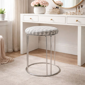 Petite Lightweight White Gray Pattern Stool with Silver Frame, Fabric Seat Compact Living Room Accent Home Decor by Sona Casa