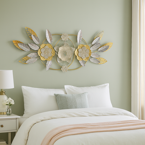 Large Gold Metal Wall Decor with Floral and Leaf Motif, 18 x 50 inch Elegant 3D Botanical Sculpture Home Office Decor-Sona Casa