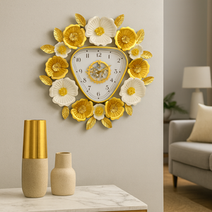 Gold and White Floral Designer Wall Clock, Large Modern Metal Art, Silent Geometrical Triangle Clock for Home Living Room Decor-Sona Casa