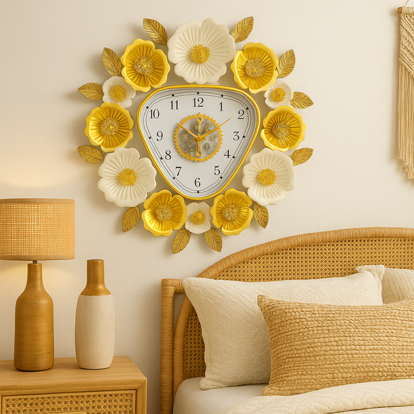 Gold and White Floral Designer Wall Clock, Large Modern Metal Art, Silent Geometrical Triangle Clock for Home Living Room Decor-Sona Casa