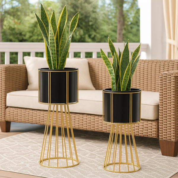 Contemporary Black & Gold Metal Planter Pair, Set of 2 Tall Indoor Plant Stands for Home Decor-Sona Casa