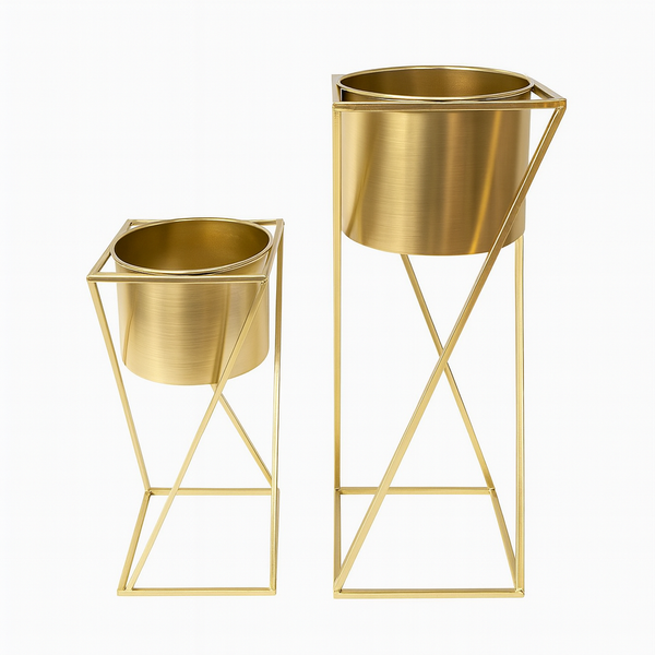 Modern Gold Planter Set with Stands, Set of 2 Tall Metal Indoor Plant Pots for Home, Office, Living Room Decor-Sona Casa