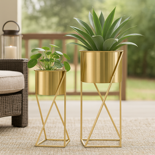 Modern Gold Planter Set with Stands, Set of 2 Tall Metal Indoor Plant Pots for Home, Office, Living Room Decor-Sona Casa