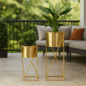 Modern Gold Planter Set with Stands, Set of 2 Tall Metal Indoor Plant Pots for Home, Office, Living Room Decor-Sona Casa