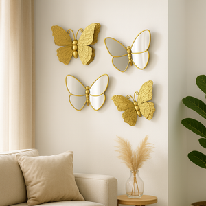 4 Piece Gold Butterfly Wall Decor Set, 3D Metallic Wall Sculpture & Mirrored Accents, Modern Glam Home Decor for Bedroom, Living Room, Nursery-Sona Casa