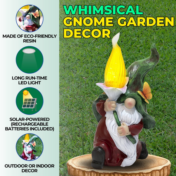 Green And Red Resin Gnome With Solar LED Torch Flame - Garden Figurine For Outdoor Delight by Accent Collection