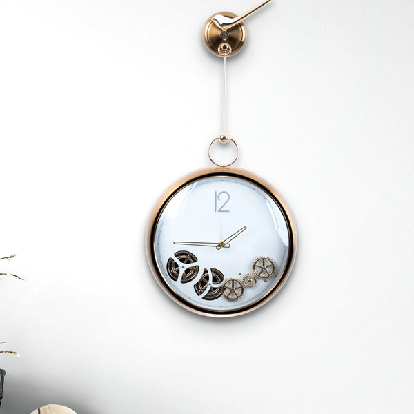 Elegant Brushed Gold Metal Wall Clock, Silent Moving Pendulum, White Dial, Unique Decor for Living Spaces by Accent Collection