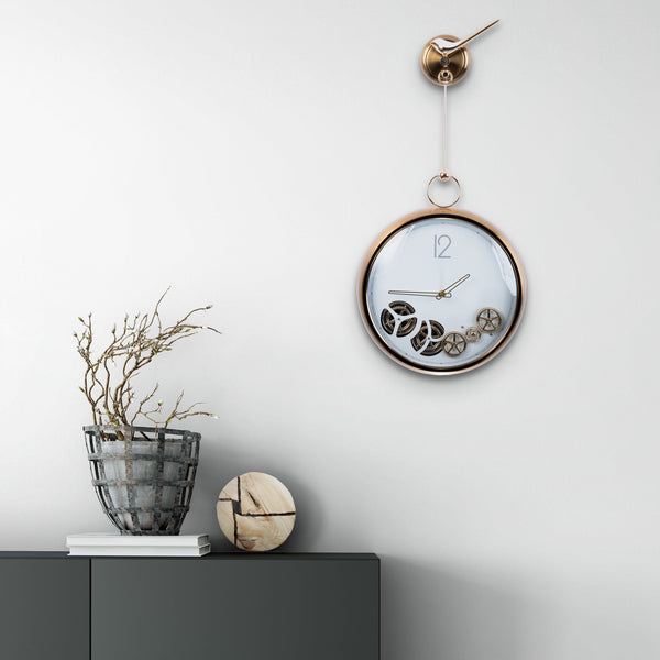 Elegant Brushed Gold Metal Wall Clock, Silent Moving Pendulum, White Dial, Unique Decor for Living Spaces by Accent Collection