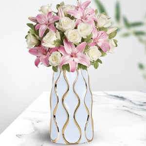 Elegant White Ceramic Flower Vase With Golden Trim - Perfect For Bouquets & Bohemian Decor, Ideal Centerpiece & Entryway Enhancer by Accent Collection