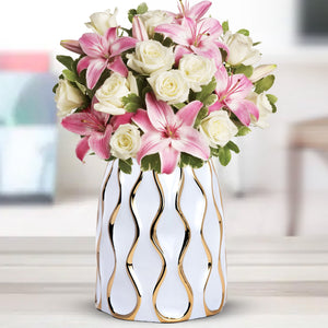 Elegant White Ceramic Flower Vase With Golden Trim - Perfect For Bouquets & Bohemian Decor, Ideal Centerpiece & Entryway Enhancer by Accent Collection