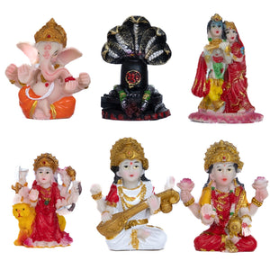 Multicolor Resin Mini Hindu God Figurines Set - Radha Krishna, Ganesha & More for Pooja Mandir Decor by Accent Collection