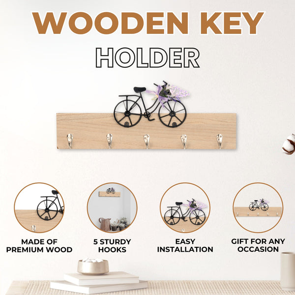 Wooden Key Holder Hanger with Cycle Design and 5 Hooks, Entrance Hallway by Accent Collection Home Decor